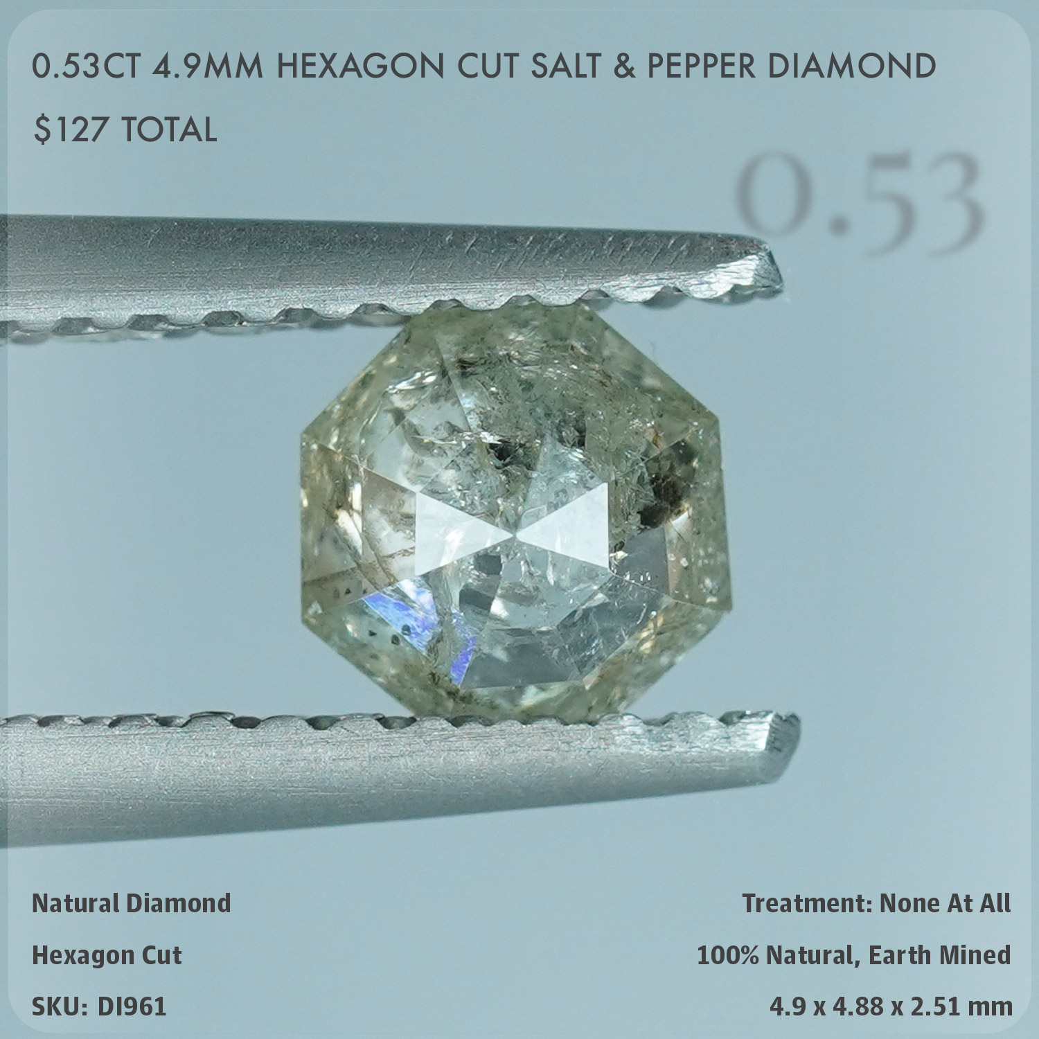 0.53CT 4.9mm Hexagon Cut Salt & Pepper Diamond