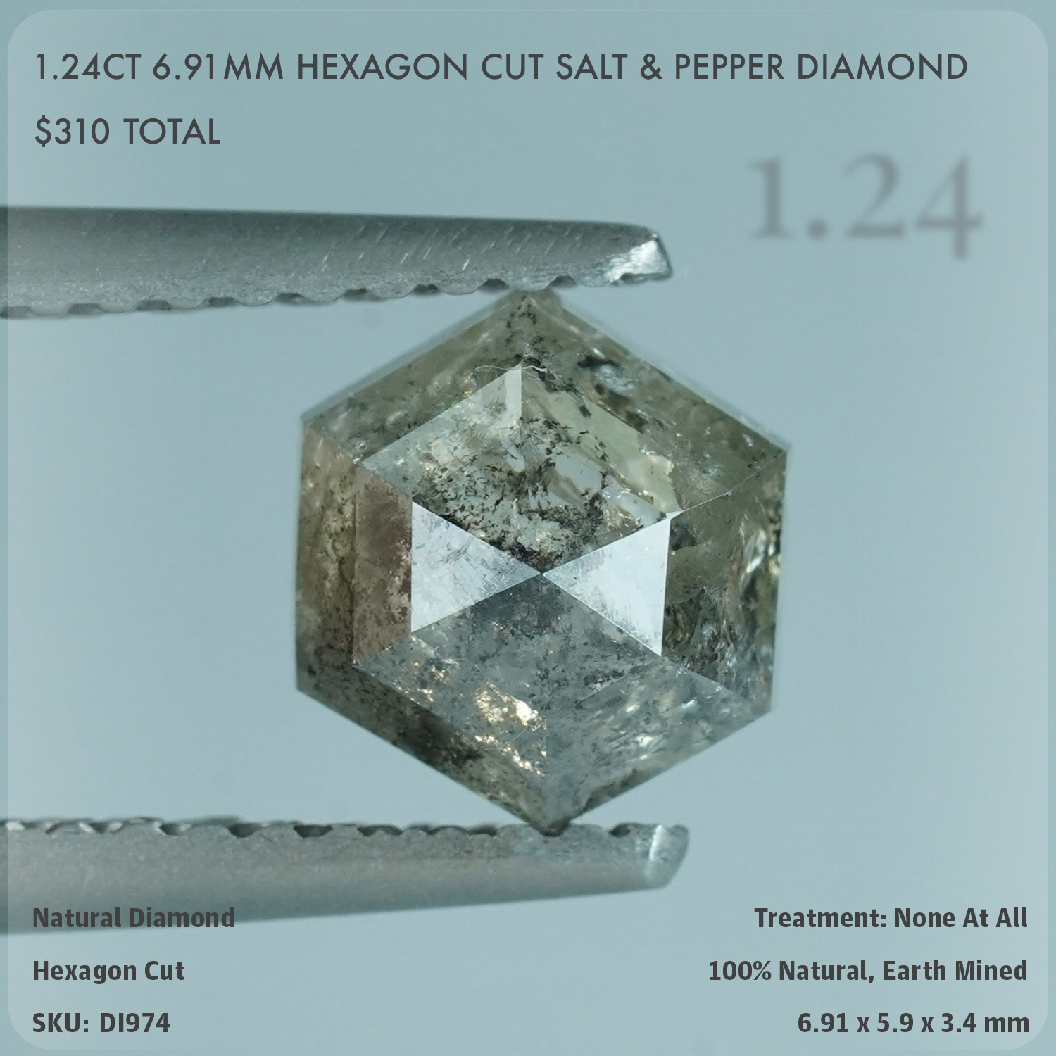 1.24CT 6.91mm Hexagon Cut Salt & Pepper Diamond