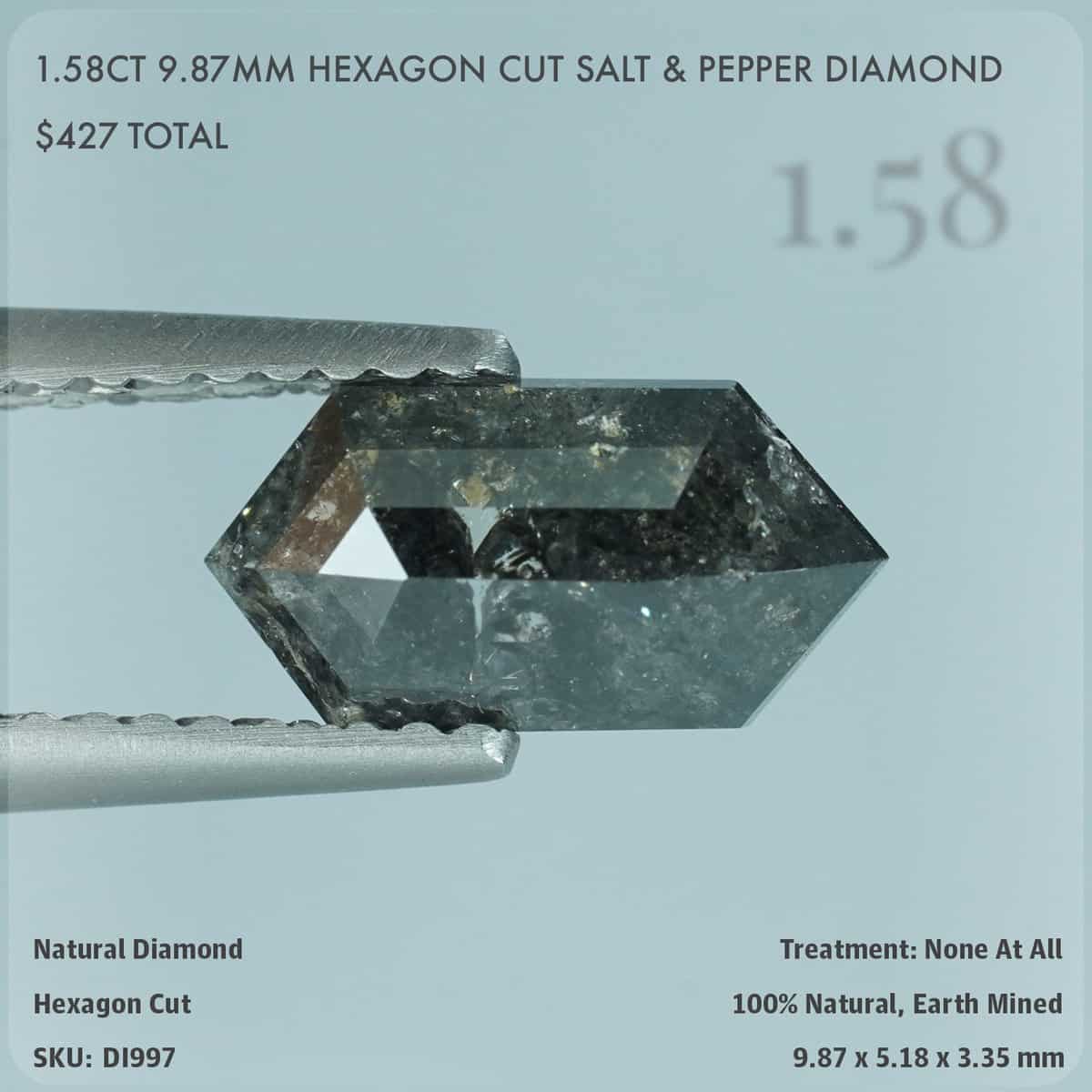 1.58CT 9.87mm Hexagon Cut Salt & Pepper Diamond