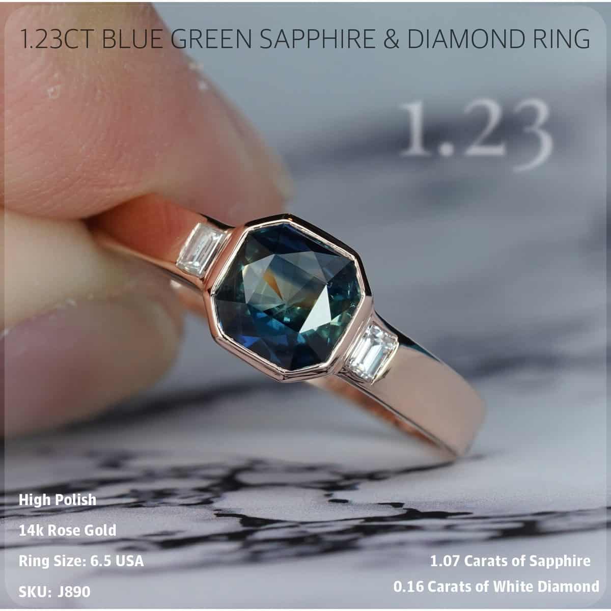 1.23CT Blue Green Sapphire & Diamond Ring