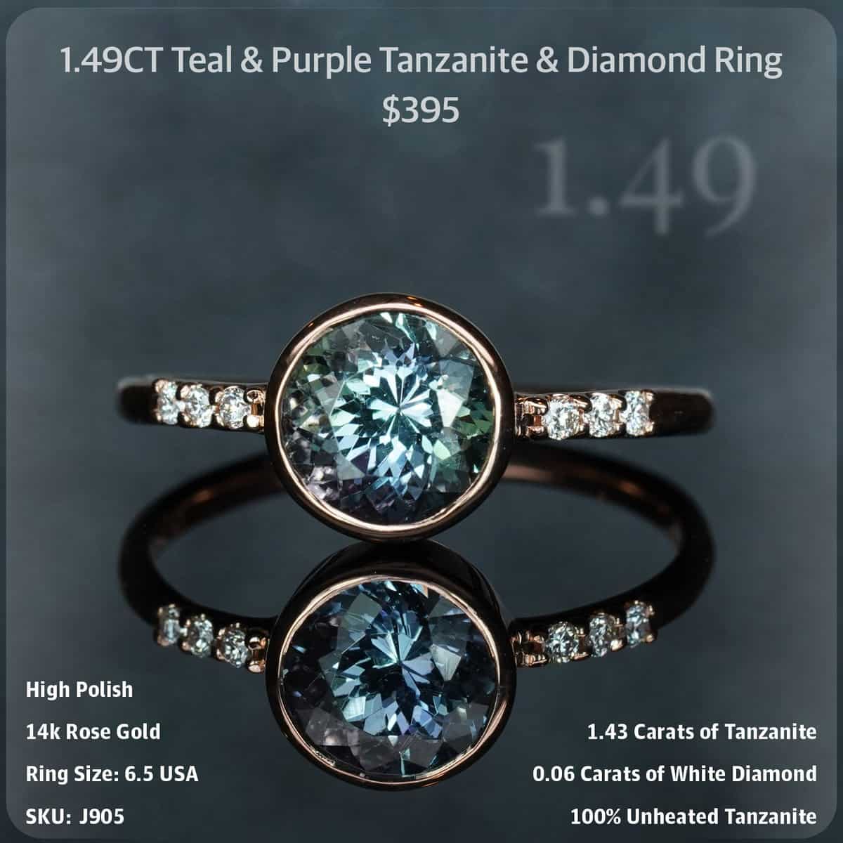 1.49CT Teal & Purple Tanzanite & Diamond Ring