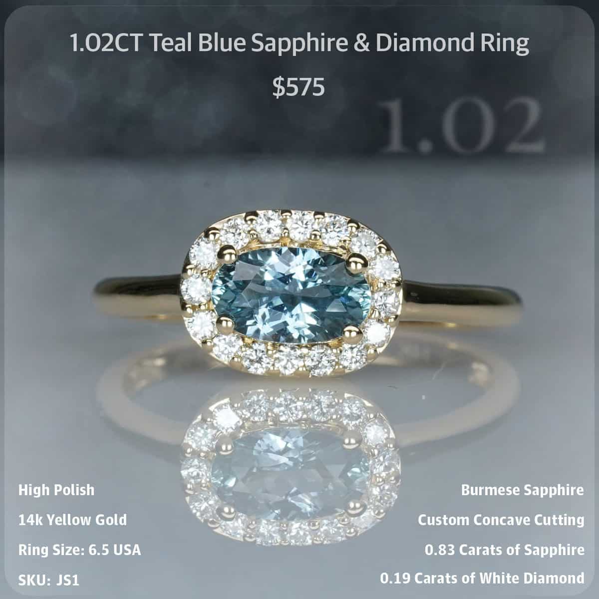 1.02CT Teal Blue Sapphire & Diamond Ring