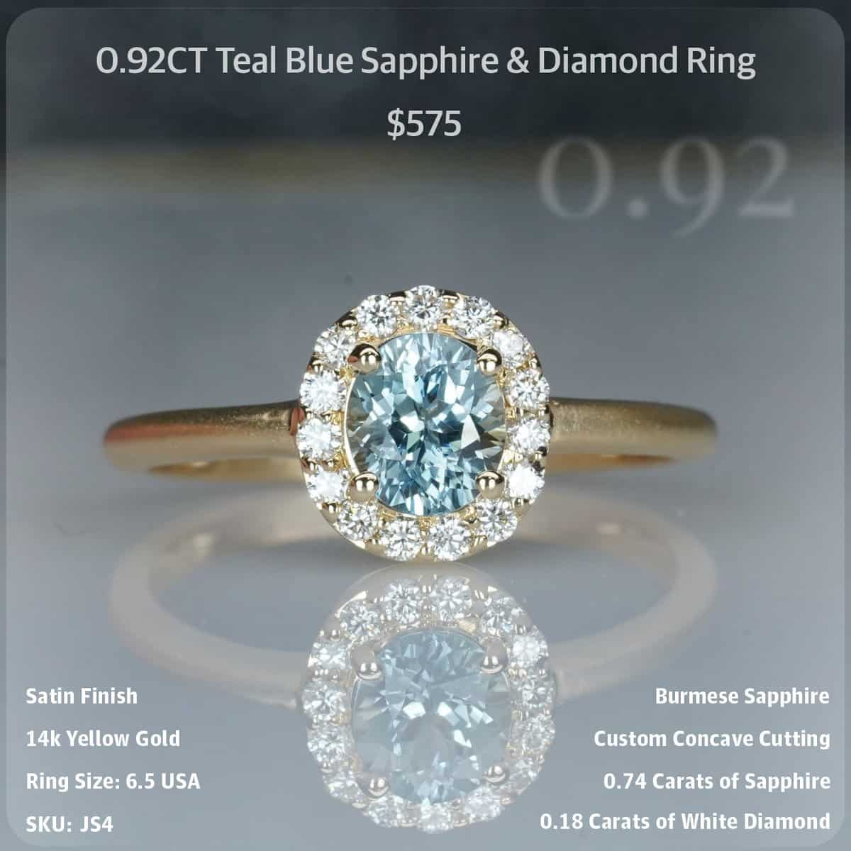 0.92CT Teal Blue Sapphire & Diamond Ring