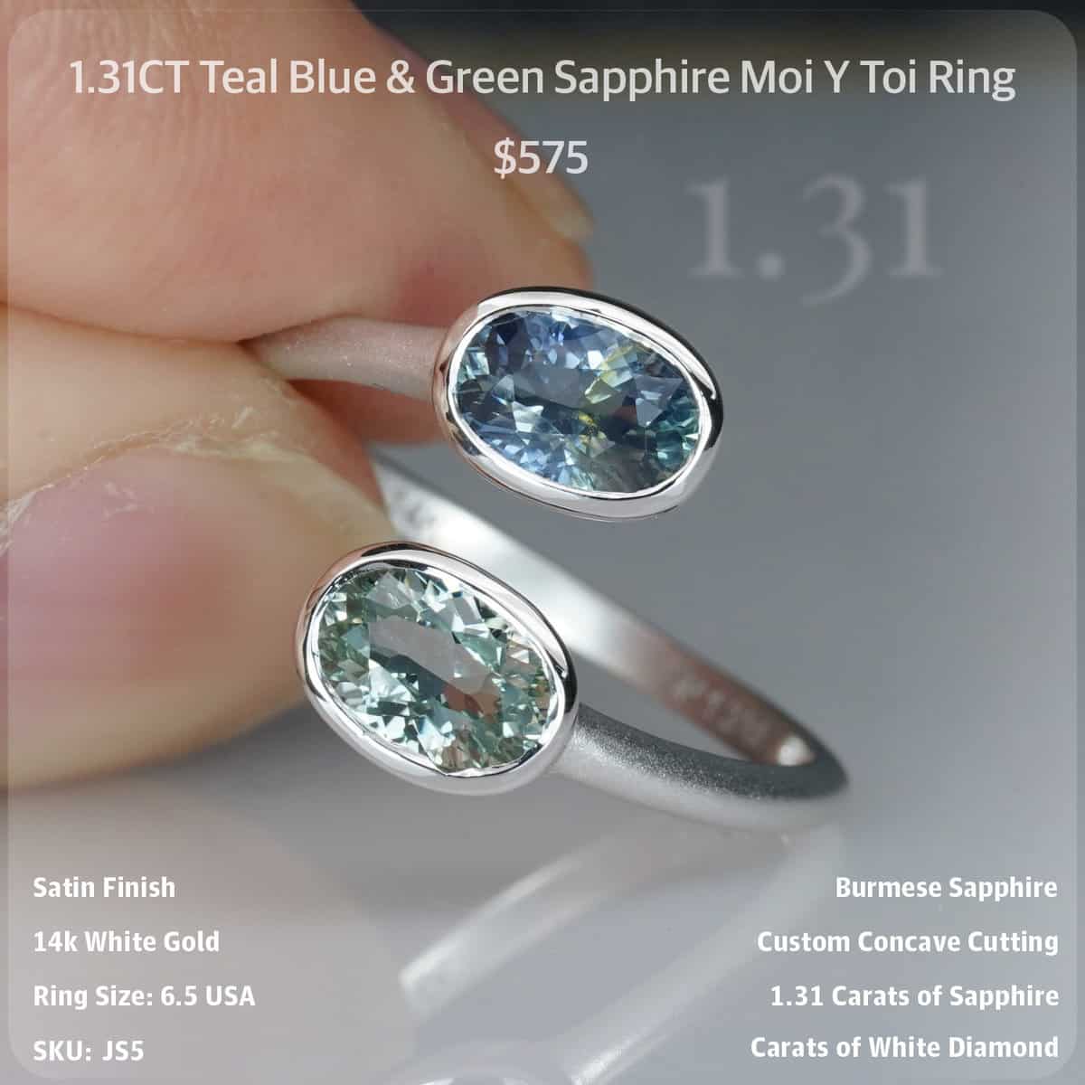 1.31CT Teal Blue & Green Sapphire Moi Y Toi Ring