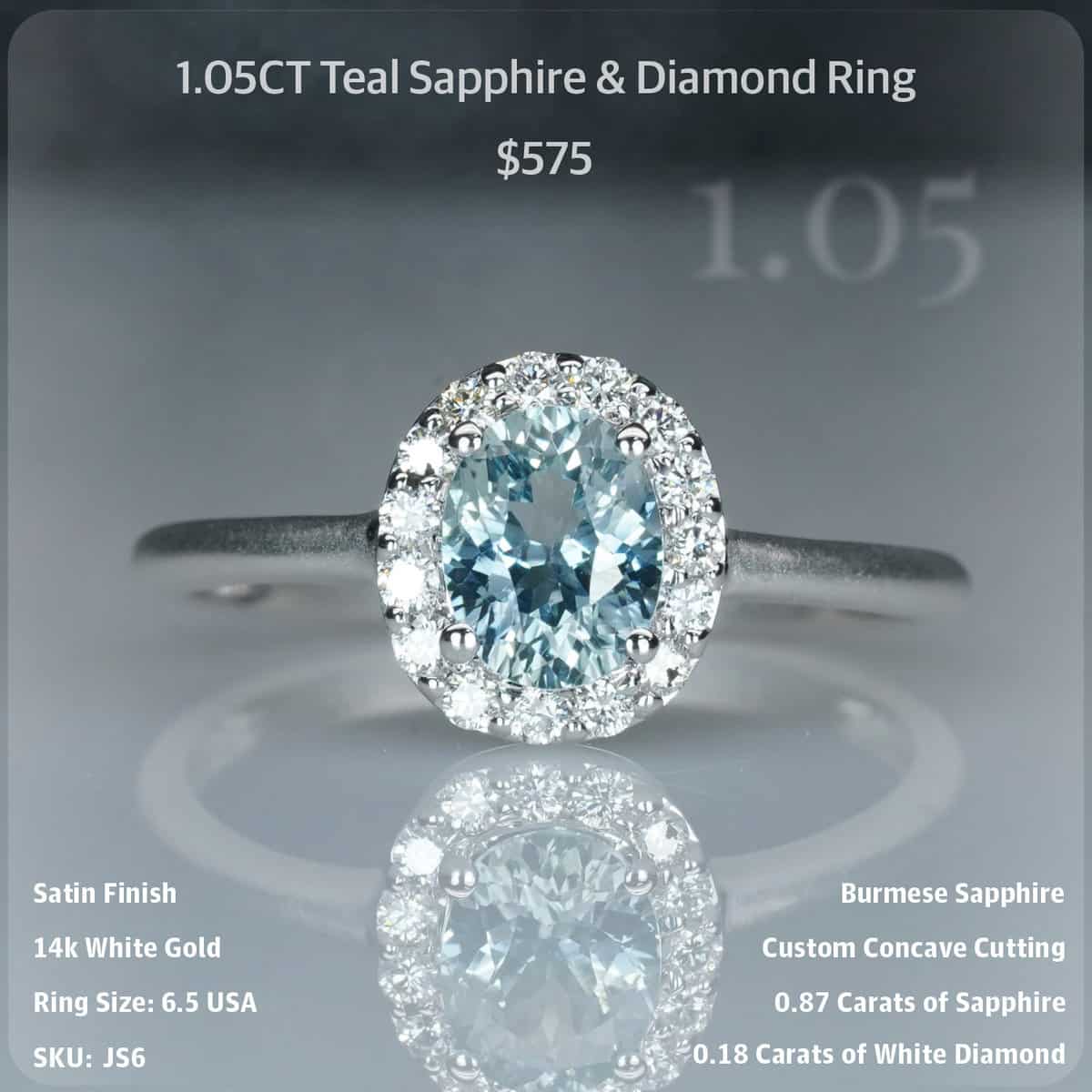 1.05CT Teal Sapphire & Diamond Ring