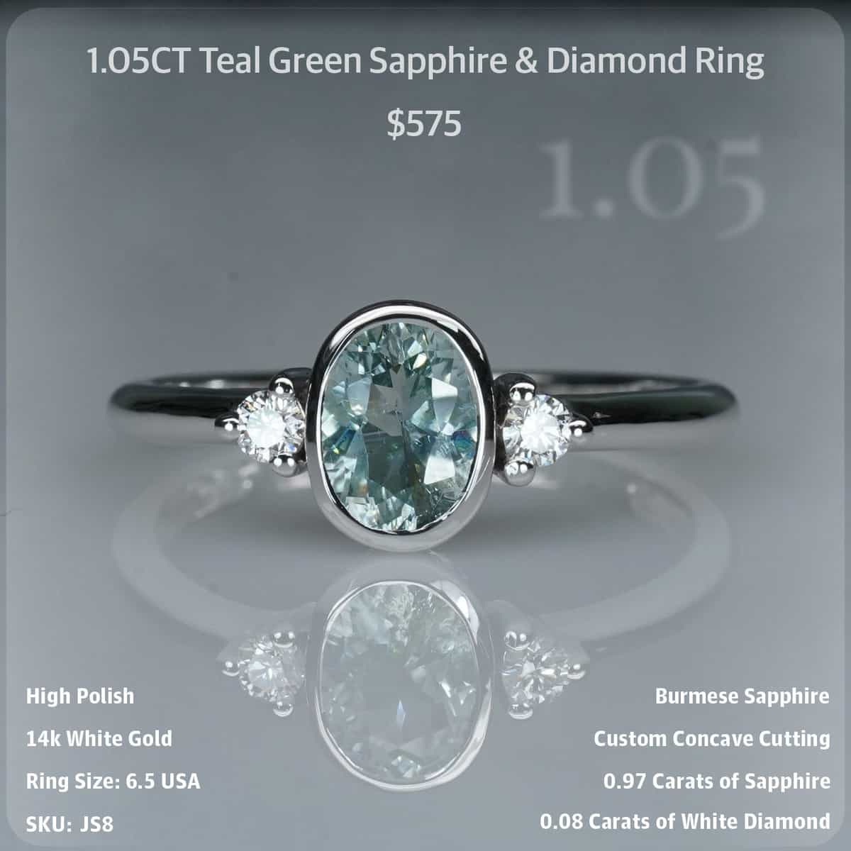 1.05CT Teal Green Sapphire & Diamond Ring