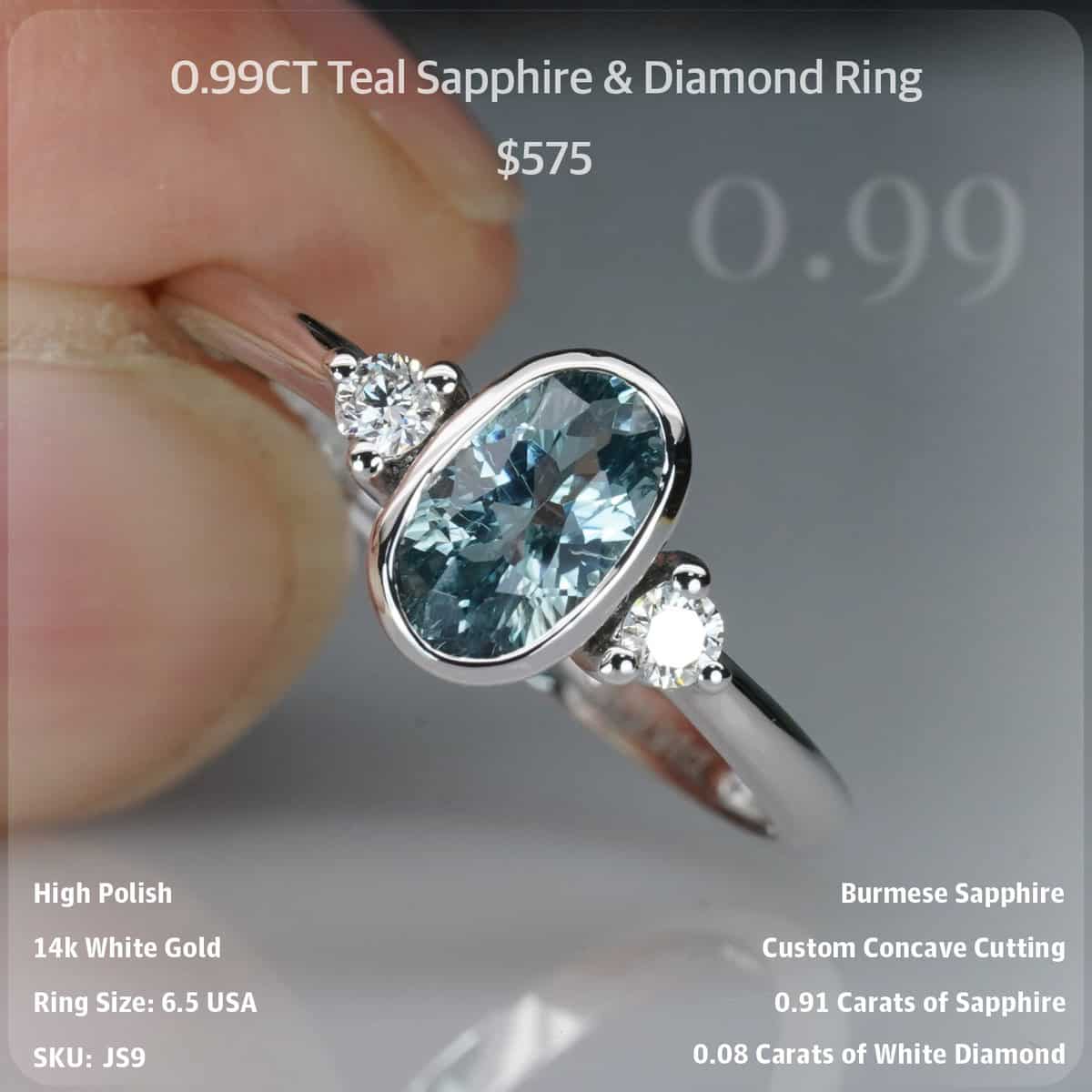 0.99CT Teal Sapphire & Diamond Ring