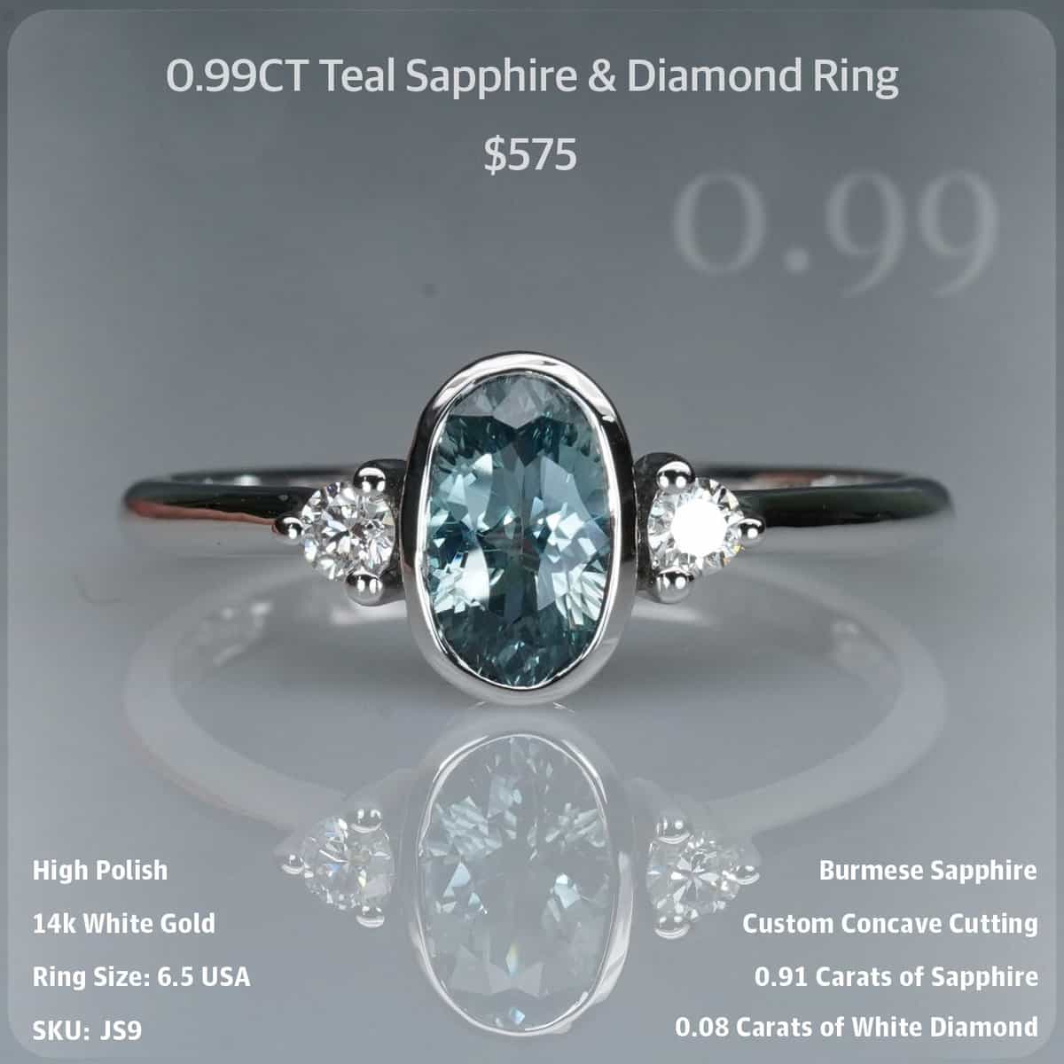 0.99CT Teal Sapphire & Diamond Ring