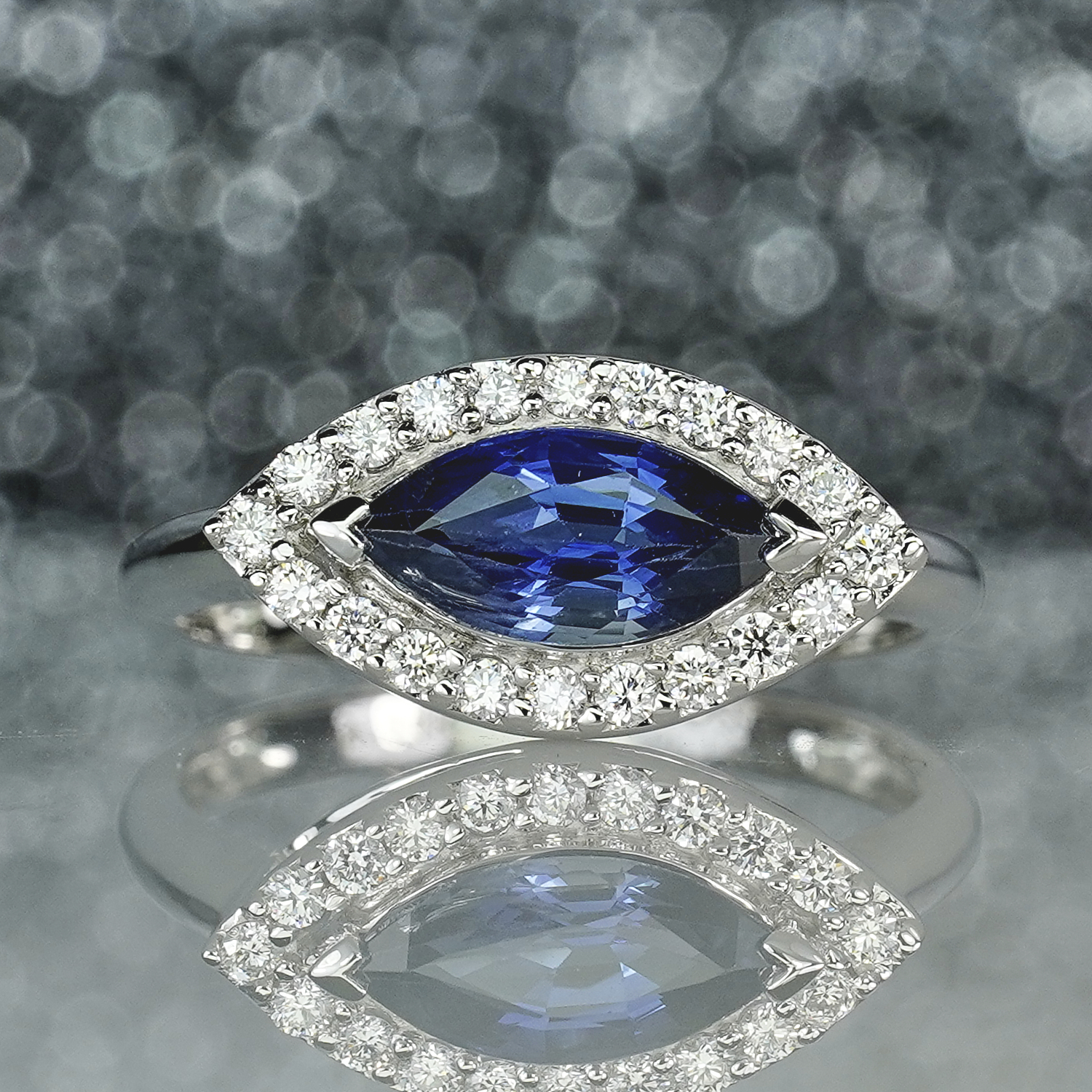 1.66CT Blue Sapphire Marquise East - West & Diamond Ring