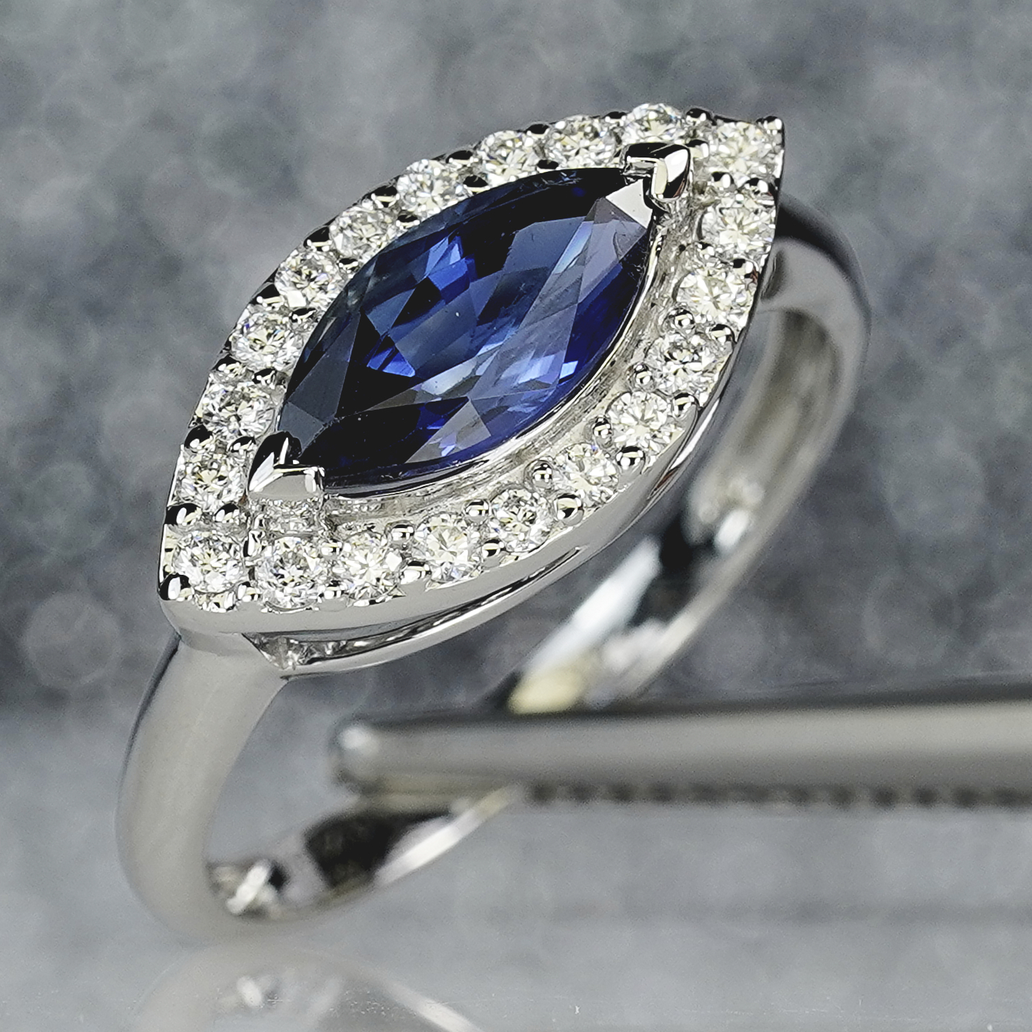 1.66CT Blue Sapphire Marquise East - West & Diamond Ring