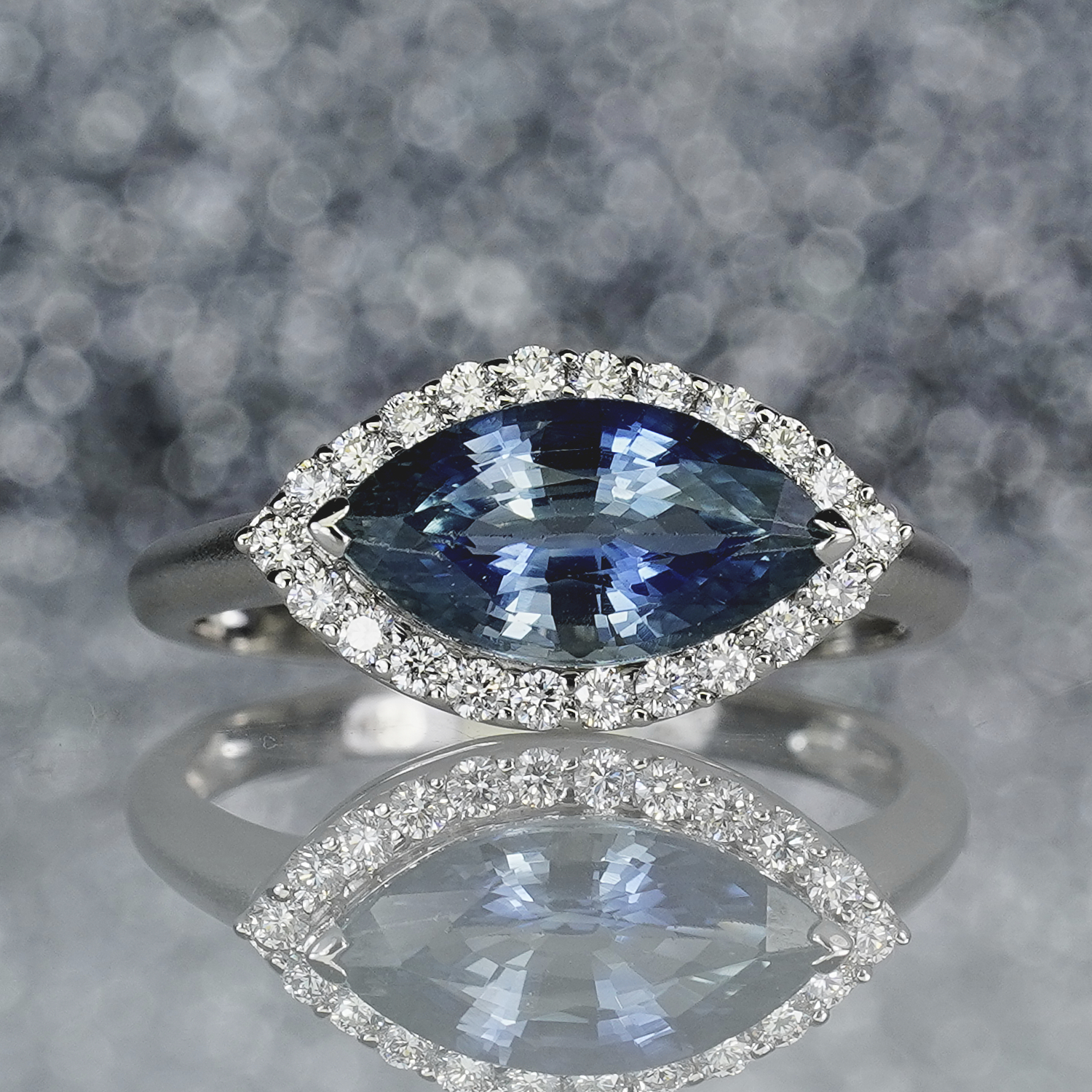 2.69CT Blue Sapphire Marquise East - West & Diamond Ring