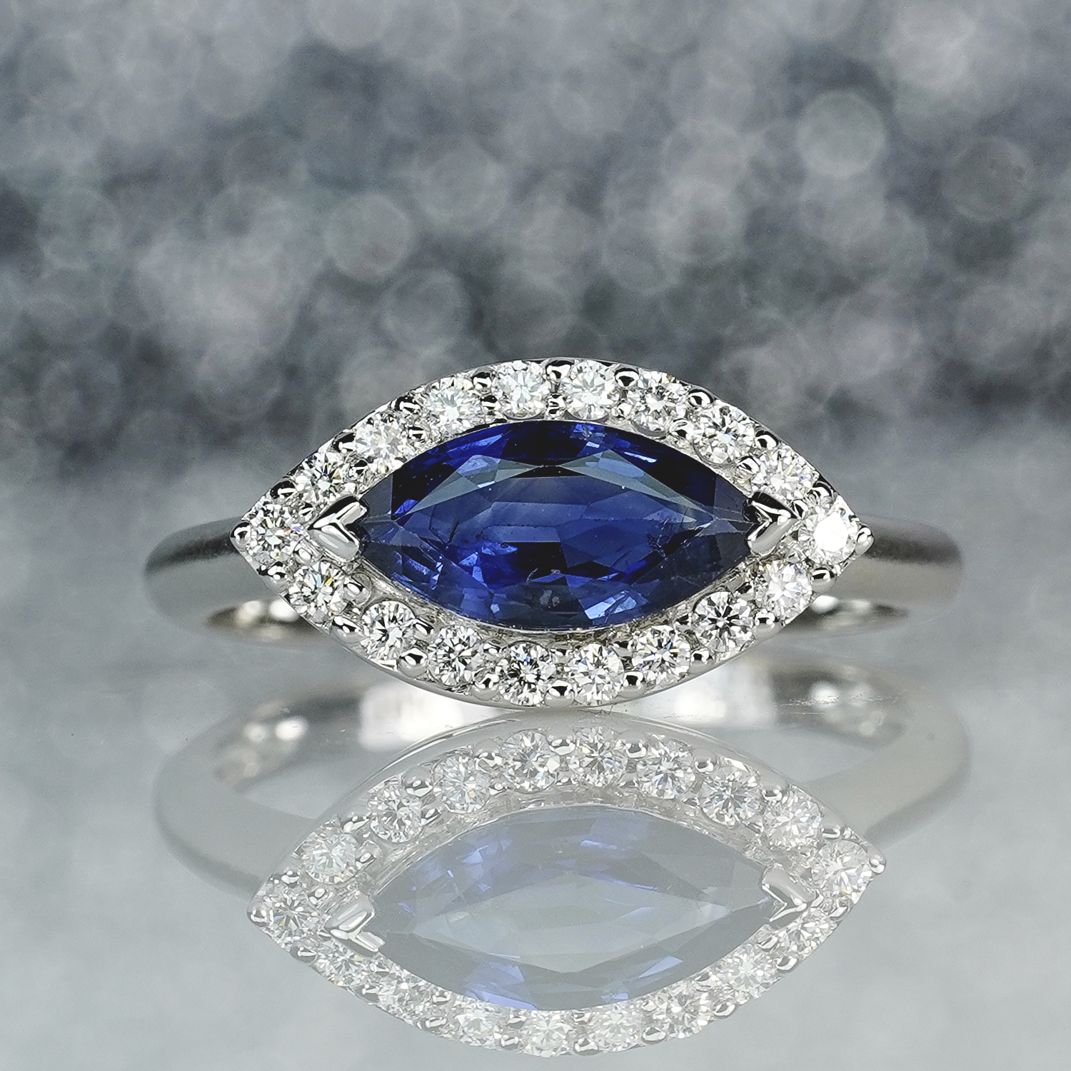 1.43CT Blue Sapphire Marquise East - West & Diamond Ring