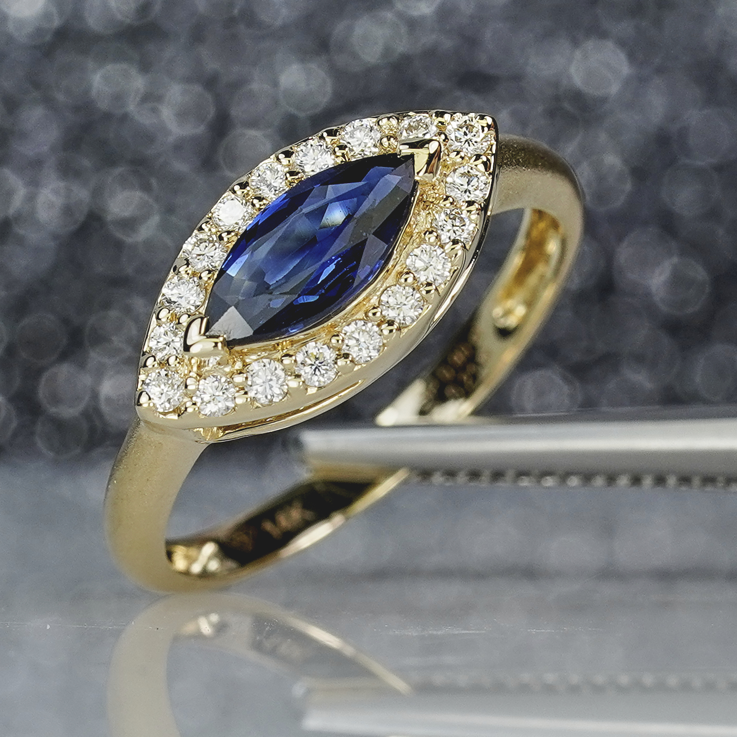 1.11CT Blue Sapphire Marquise East - West & Diamond Ring