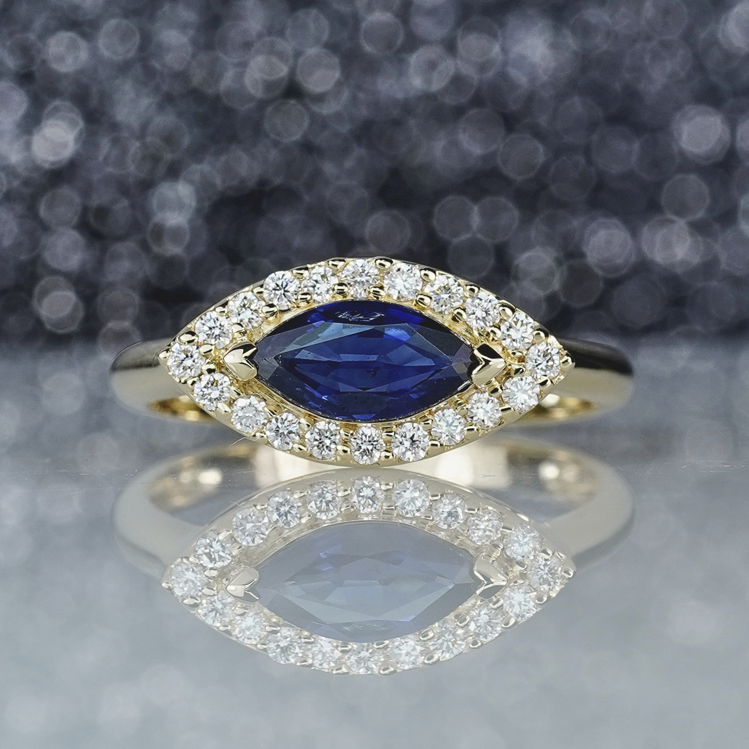 1.18CT Blue Sapphire Marquise East - West & Diamond Ring